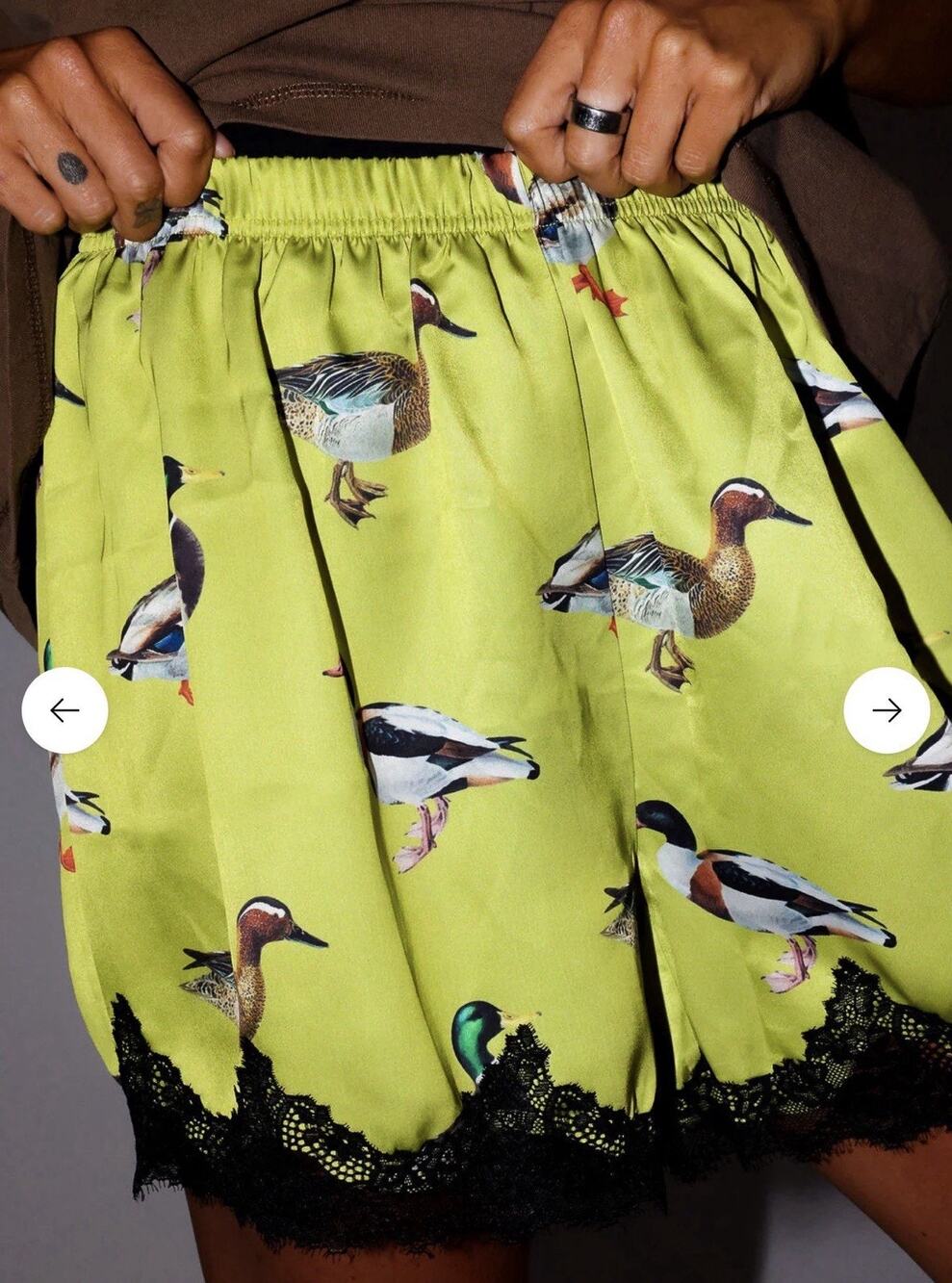 NEW Burnt Toast No Ducks Given Satin Chartreuse Neon Printed Lace Shorts S/m
